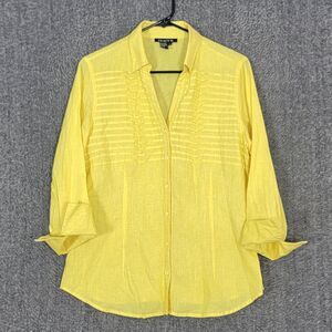 Tracy M Blouse Womens Large Yellow 100% Linen 3/4 Sleeve Button Front Lagenlook